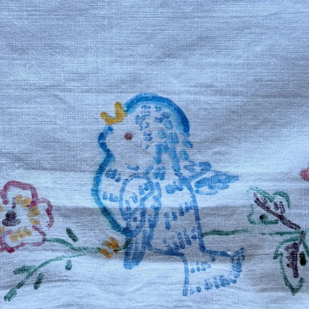 Vintage Hand Painted Floral Bird Table Runner White Linen Crochet Lace Trim